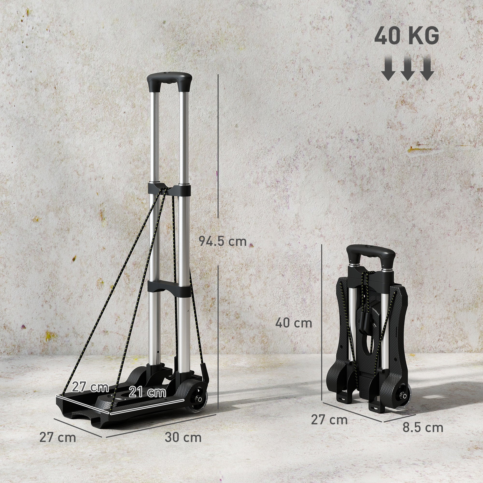 Carrello Portapacchi Pieghevole 40kg Maniglia Telescopica in Alluminio e Plastica Nero