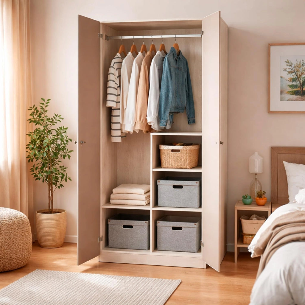Armadio Guardaroba 2 Ante Battenti Con 3 Scomparti E Barra Appendiabiti Design Moderno Per Camera Da Letto Cameretta 90 X 200 X 52 Cm Beige E Rovere