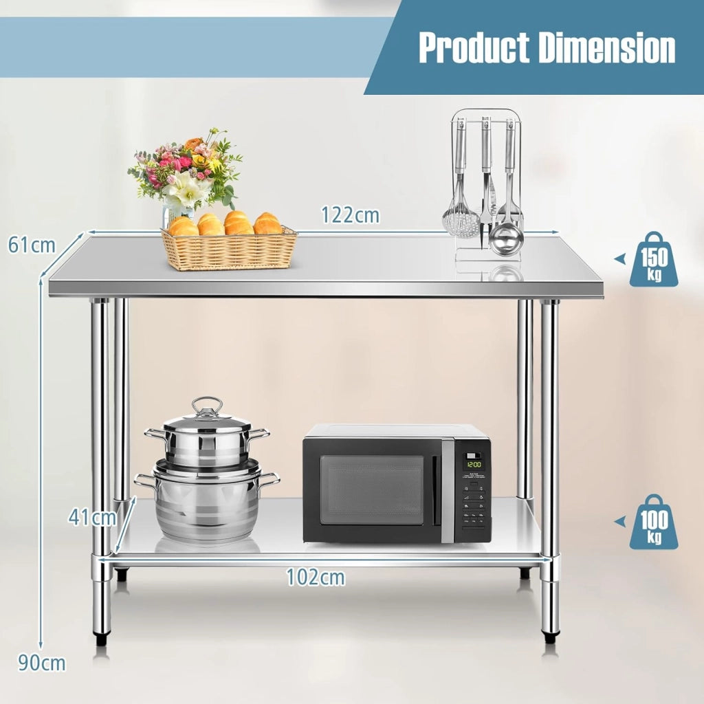 Tavolo da Lavoro in Acciaio Inox a 2 Livelli, Tavolo da Cucina Multifunzione con Ripiano Regolabile e Piedini Livellanti, per Preparazione Alimentare, 122x61x89 cm