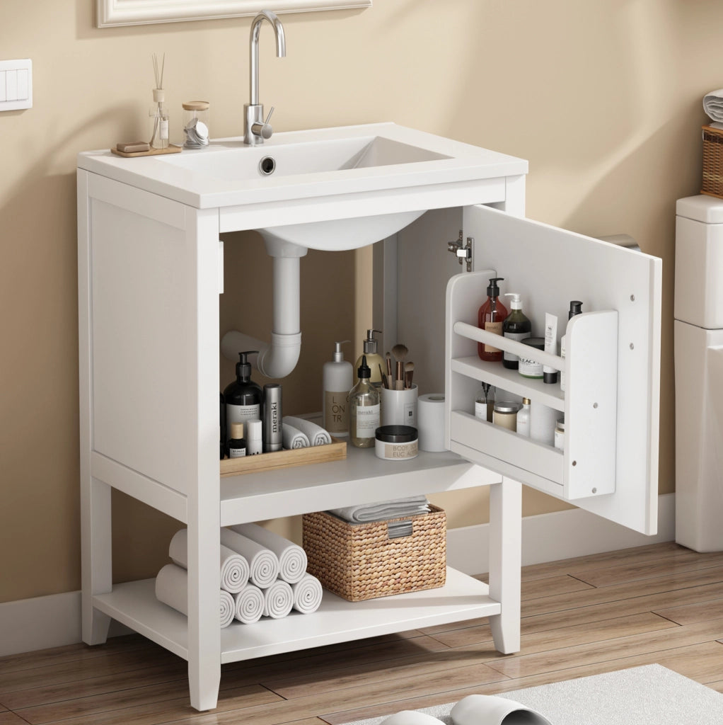 Mobile bagno bianco con lavabo in ceramica; ripiani interni; 61 × 47 × 87 cm