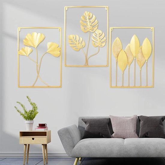 Decorazione per Parete in Metallo - 3 Pezzi - Foglie con Fiori - Decorazione per Parete - Affresco per Muro - Casa/Giardino/Decorazione