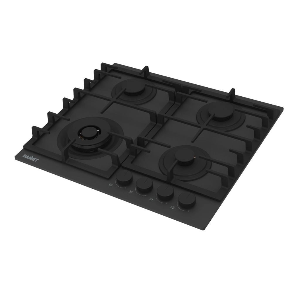 Piano cottura gas 4 fuochi 60 cm vetro temperato satinato nero opaco Samet Zacinto60