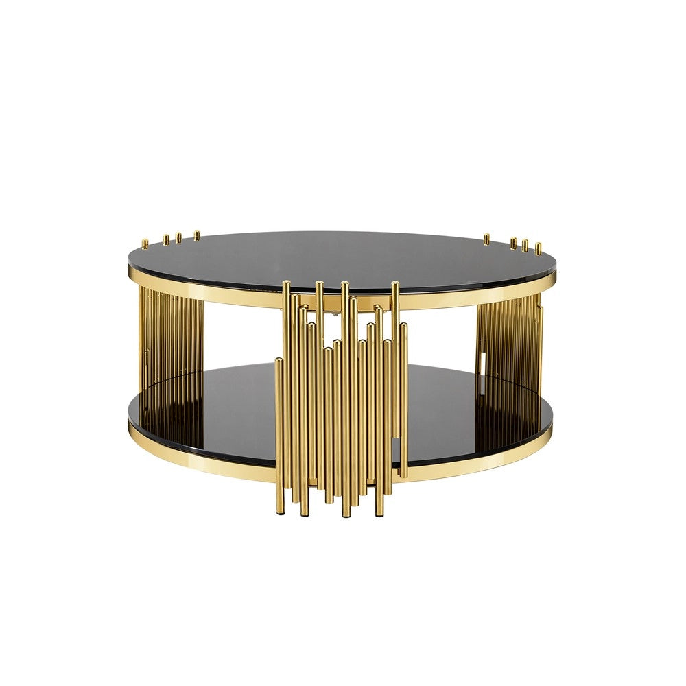 Tavolino da Caff¨¨ Rotondo in Vetro ¨C MINIMAL ¨C Nero, Struttura in Acciaio Dorato