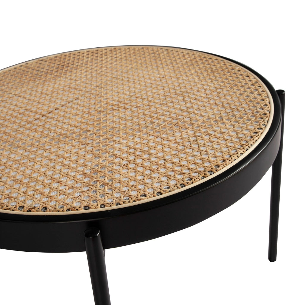 Tavolino rotondo in rattan, legno nero e acciaio nero