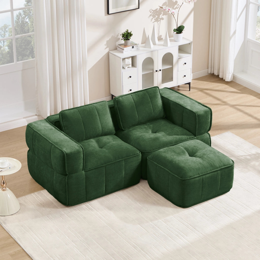 Divano modulare angolare a due posti con pouf in poliestere verde, schiuma 32D e seduta profonda 198 × 162 × 67 cm