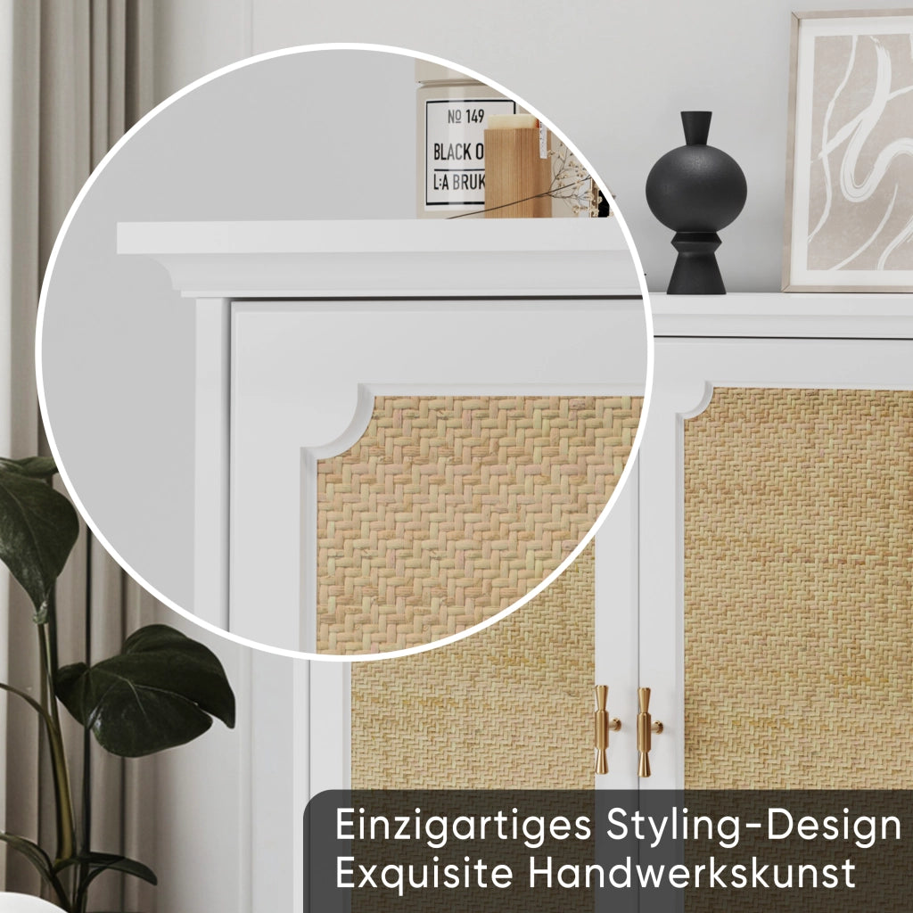 Credenza e madia con 2 ante in rattan, ripiano regolabile, in MDF e truciolare, per cucina e soggiorno, bianco, 80 × 38 × 86 cm