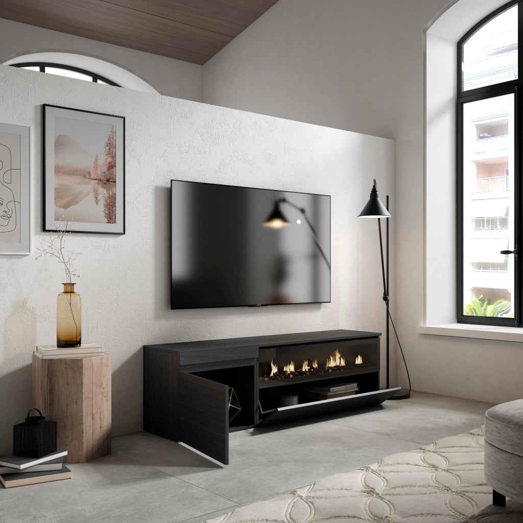 Mobile TV Soggiorno, 150x35x45cm, Per TV fino a 65", Camino elettrico, Nero RF2484