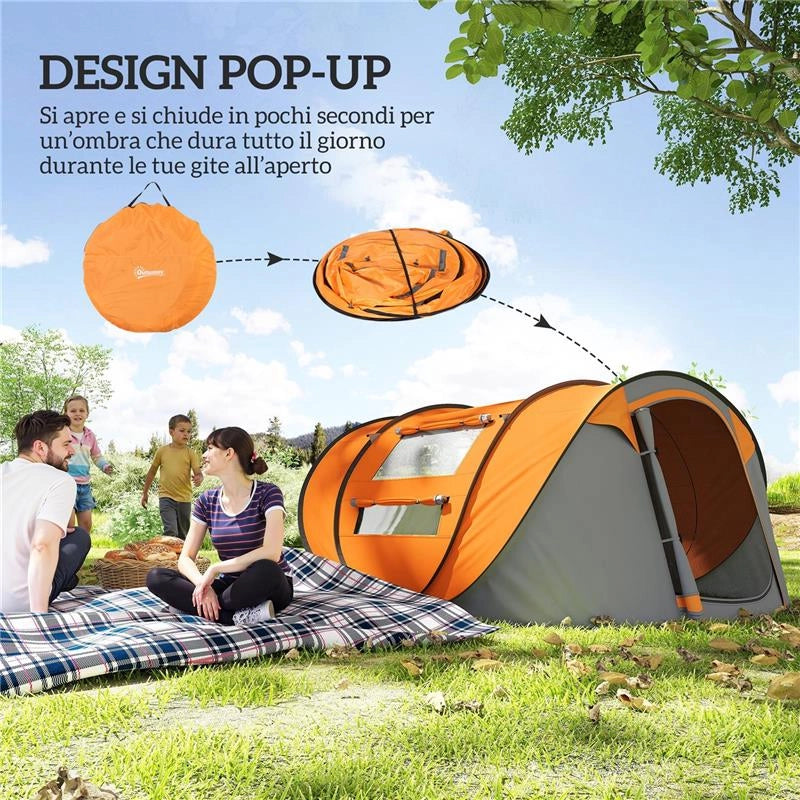 TENDA DA CAMPEGGIO POP UP 2 POSTI CON 2 PORTE, 4 FINESTRE E TELO IMPERMEABILE, 263.5X220X123 CM, ARANCIONE