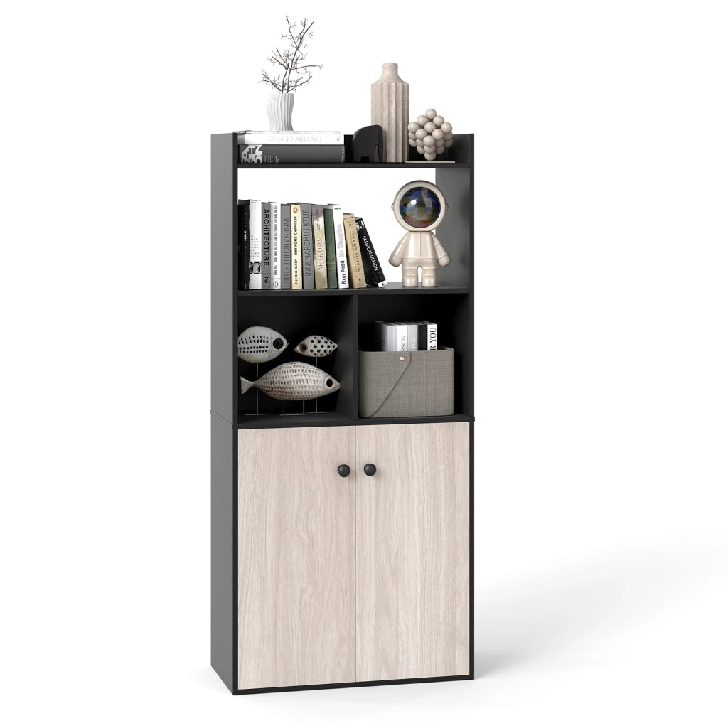Armadio da 5 ripiani in legno con 2 ripiani aperti 2 scomparti, Libreria alta 140 cm con ante per camera soggiorno studio Marrone