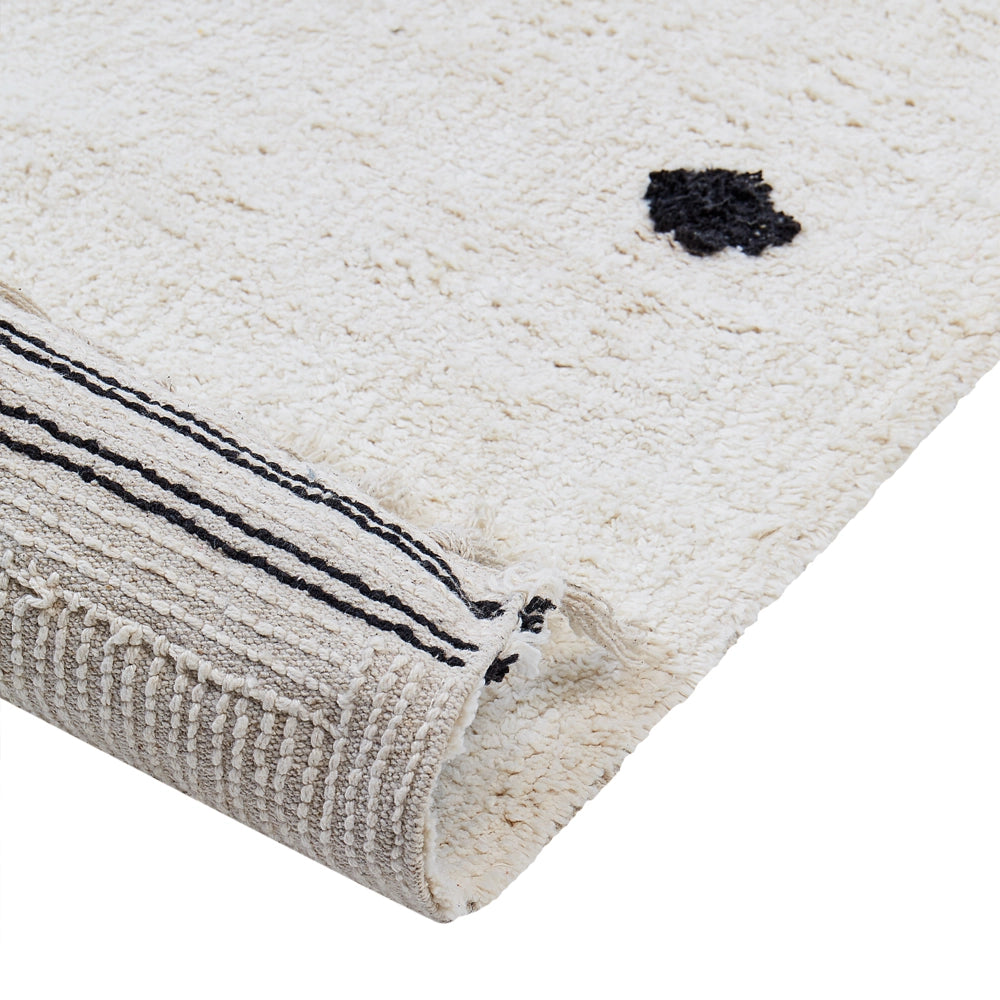 Tappeto moderno in cotone bianco con pois neri e frange rettangolare 140 x 200 cm soggiorno moderno