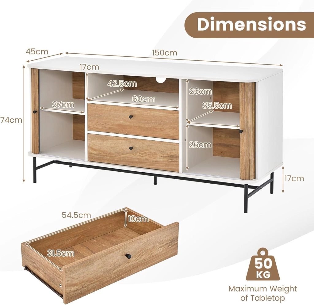 Credenza con ante scorrevoli, armadio a buffet con 2 cassetti e 1 ripiano aperto, comò in legno con protezione antiribaltamento, mobile TV per soggiorno, cucina, 150 x 45 x 74 cm