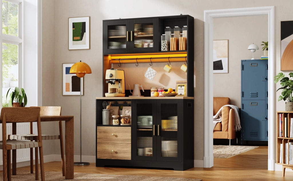 Colonna da cucina con LED prese e USB 4 ante in vetro temperato ripiani regolabili in MDF nero 110 × 40 × 178 cm