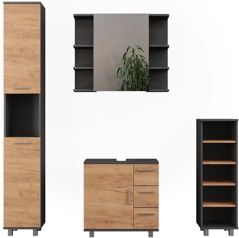 Set di mobili da bagno Ilias, Bianco, 60.2 cm, composto da mobile lavabo, pensile a specchio, colonna e base media
