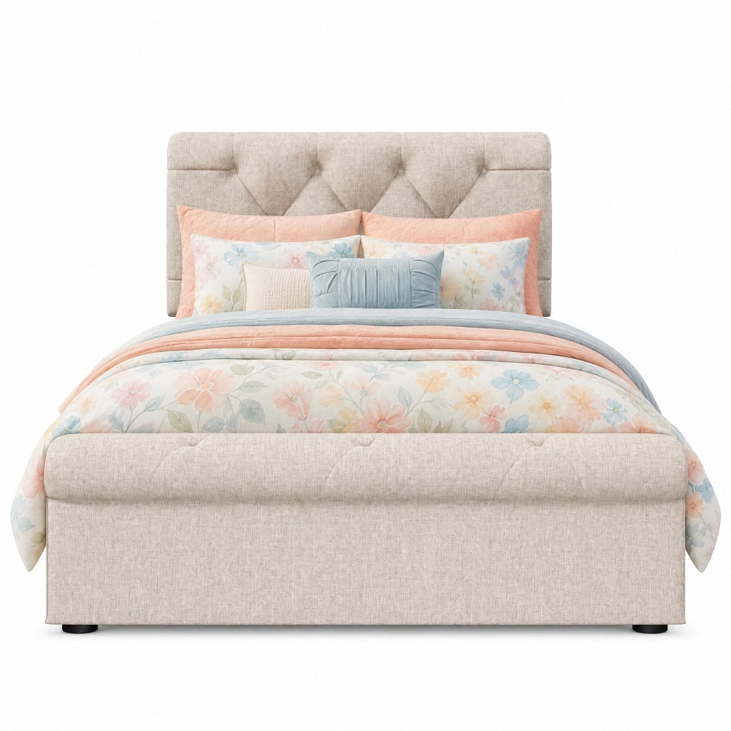 Letto singolo imbottito 90x200 cm con 2 cassetti, testiera regolabile, naturale