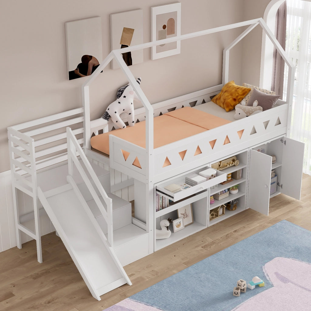 Letto per bambini 90 × 200 cm con scivolo e scala, 2 cassetti e armadietti, senza materasso, in legno massiccio bianco