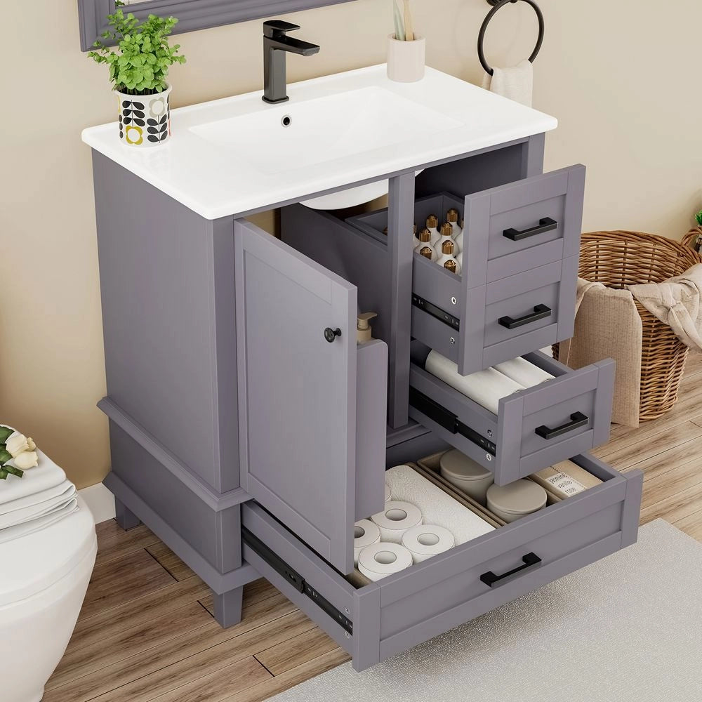 Mobile bagno con lavabo - Xylo - 76x46x83,5cm - Grigio - Laccato completo, ripiano porta, tre cassetti silenziosi, vaso ceramico integrato