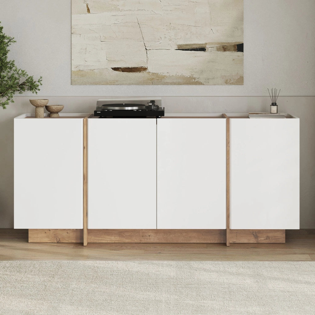 Credenza in legno "Dorma" - 180 x 45 x 80 cm - Bianco / Pino Atlantico