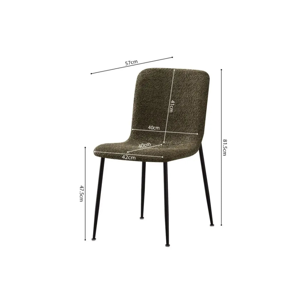 Sedia ALICE – Tessuto bouclé verde e gambe metallo nero – H82 × L42 × P57 cm
