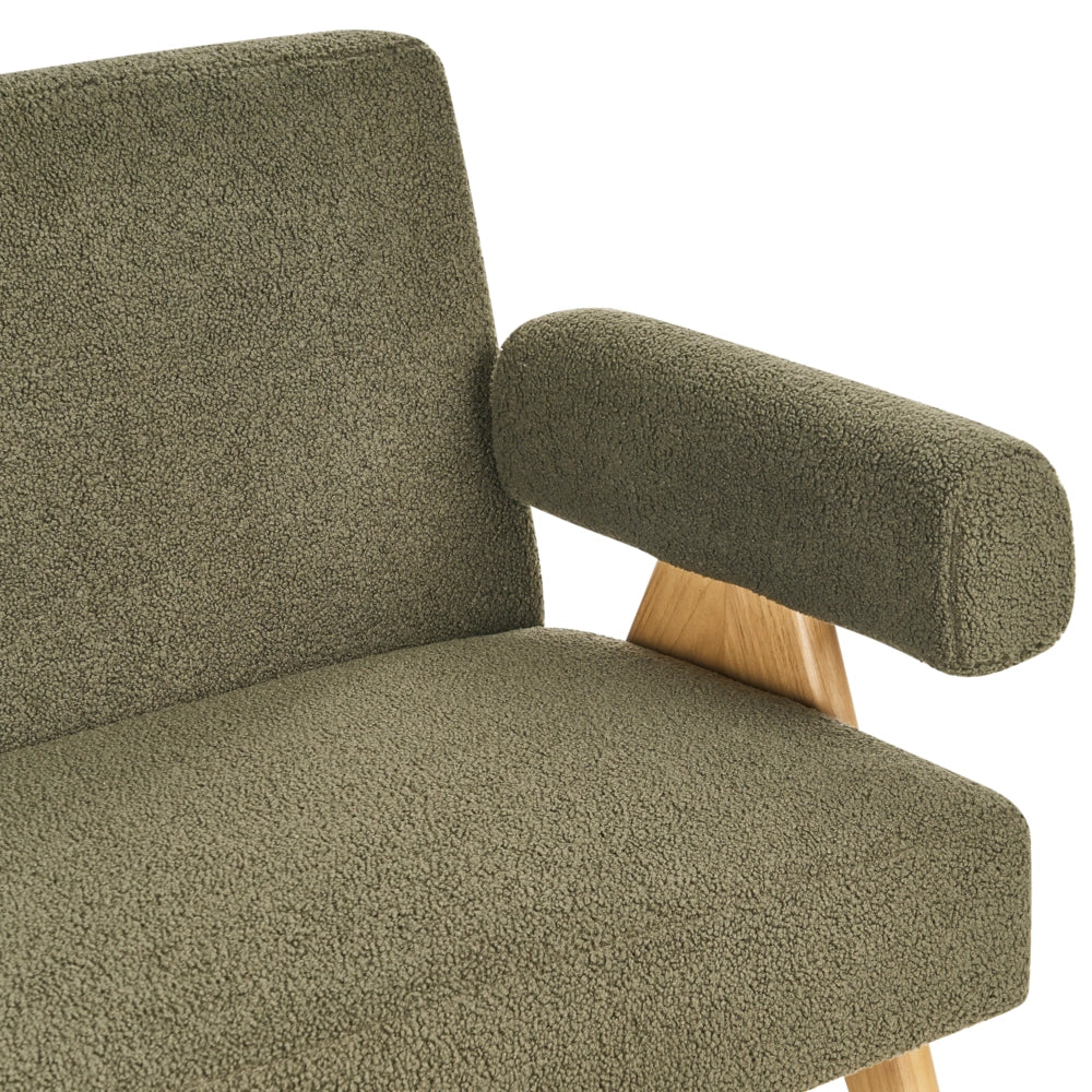 Divano a 2 posti Rivestimento in bouclé verde e marrone chiaro Design retrò Gambe in legno Soggiorno