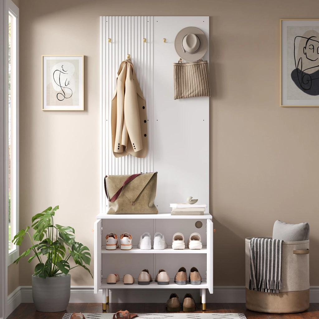 Mobile da ingresso con 6 ganci, scarpiera a 2 ante e ripiano regolabile, in PB e MDF, bianco, 70 × 35 × 180 cm