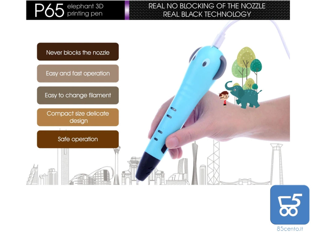 Penna 3D a forma di Elefante con colori a filamento PLA penna per stampa 3D con schermo LCD per bambini e adulti Celeste