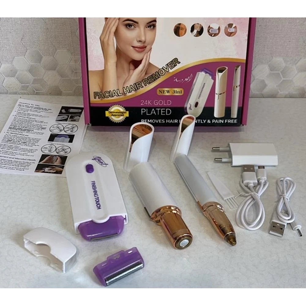Trade Shop - Kit 3in1 Epilatori Viso Professionale Trimmer Per Rimozione Istantanea Indolore Peli -