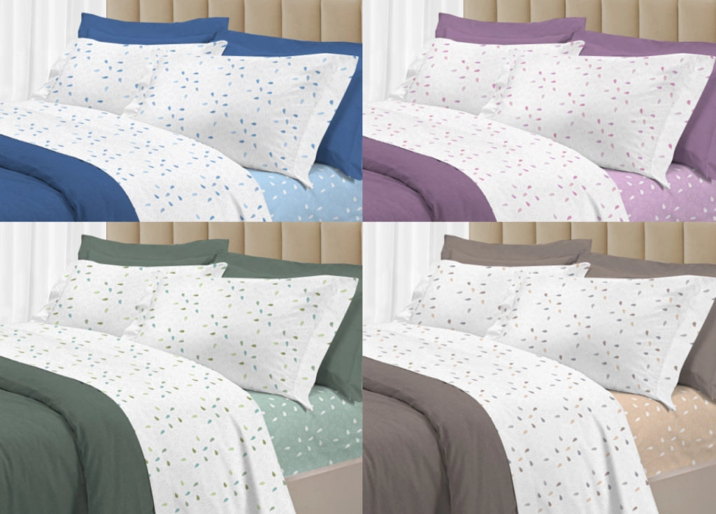 Completo Lenzuola Letto 100% Cotone Made Italy 3027 Disegno Goccia - Piazza E Mezza - Azzurro