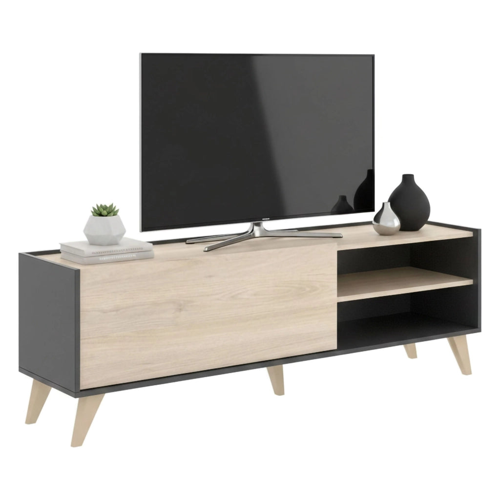 Mobile porta TV Allesia, Credenza bassa da soggiorno, Madia da salotto per televisione, 155x43h47 cm, Rovere e Antracite