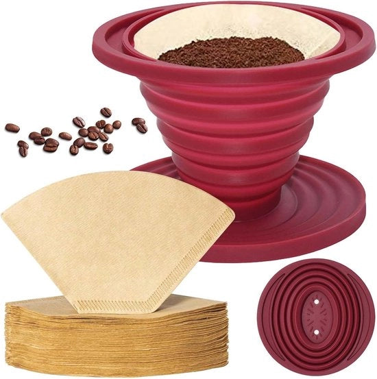 Dripolatore in silicone - portatile filtro caffè - tazza da caffè pieghevole - riciclabile - per uso domestico, campeggio, ufficio, viaggio, caffetteria - 50 fogli filtro - rosso.