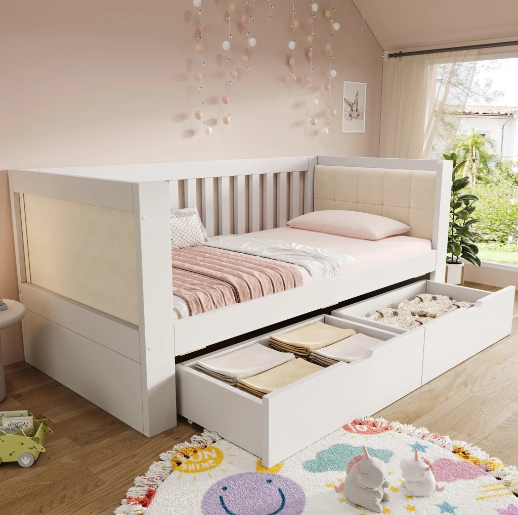 Letto singolo 90x200 cm bianco con 2 cassetti in legno