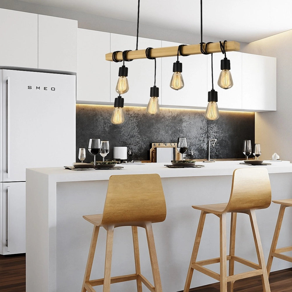 Trade Shop - Lampadario Sospensione Legno Stile Industriale 6 Portalampada E27 Lampada Cucina B47-6 -