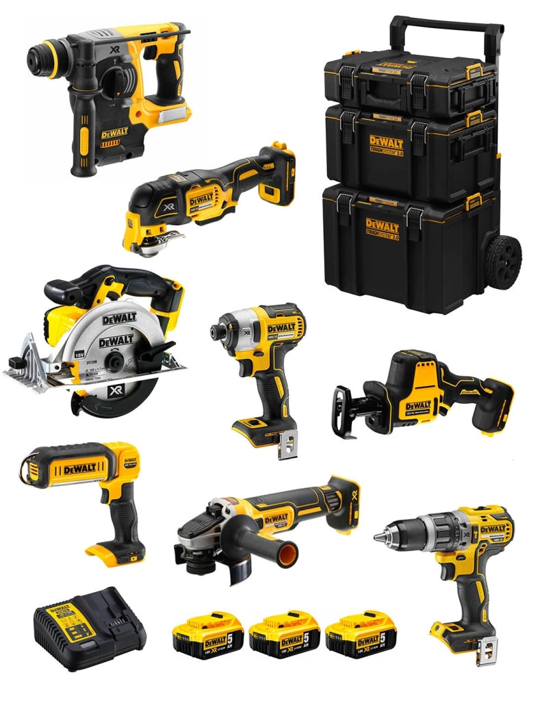 DeWALT Kit DWK802 (DCD796 + DCH273 + DCG405 + DCF887 + DCS355 + DCS369 + DCS391 + DCL050 + 3 x 5,0 Ah + DCB115 + Caddy 3en1)
