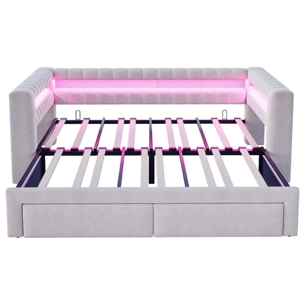 Divano letto estraibile 90x190/180x190 cm con cassetti, LED e USB-C in velluto grigio chiaro