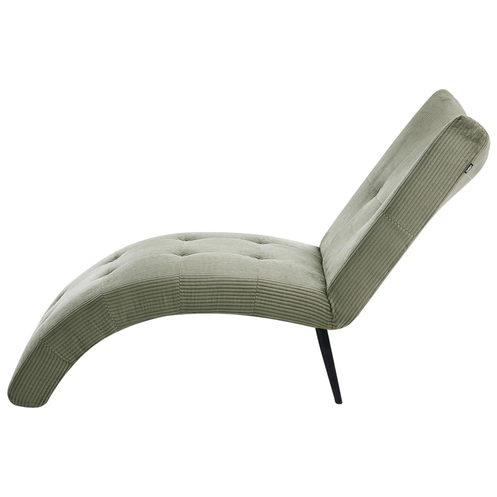 Chaise longue con rivestimento in velluto a coste verde trapuntatura a bottoni, senza braccioli, design moderno per soggiorno