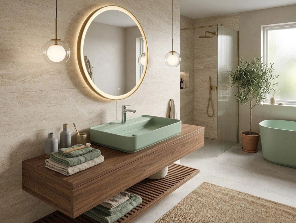 Lavabo rettangolare da appoggio senza troppo pieno in ceramica con foro rubinetto - Menta Opaco