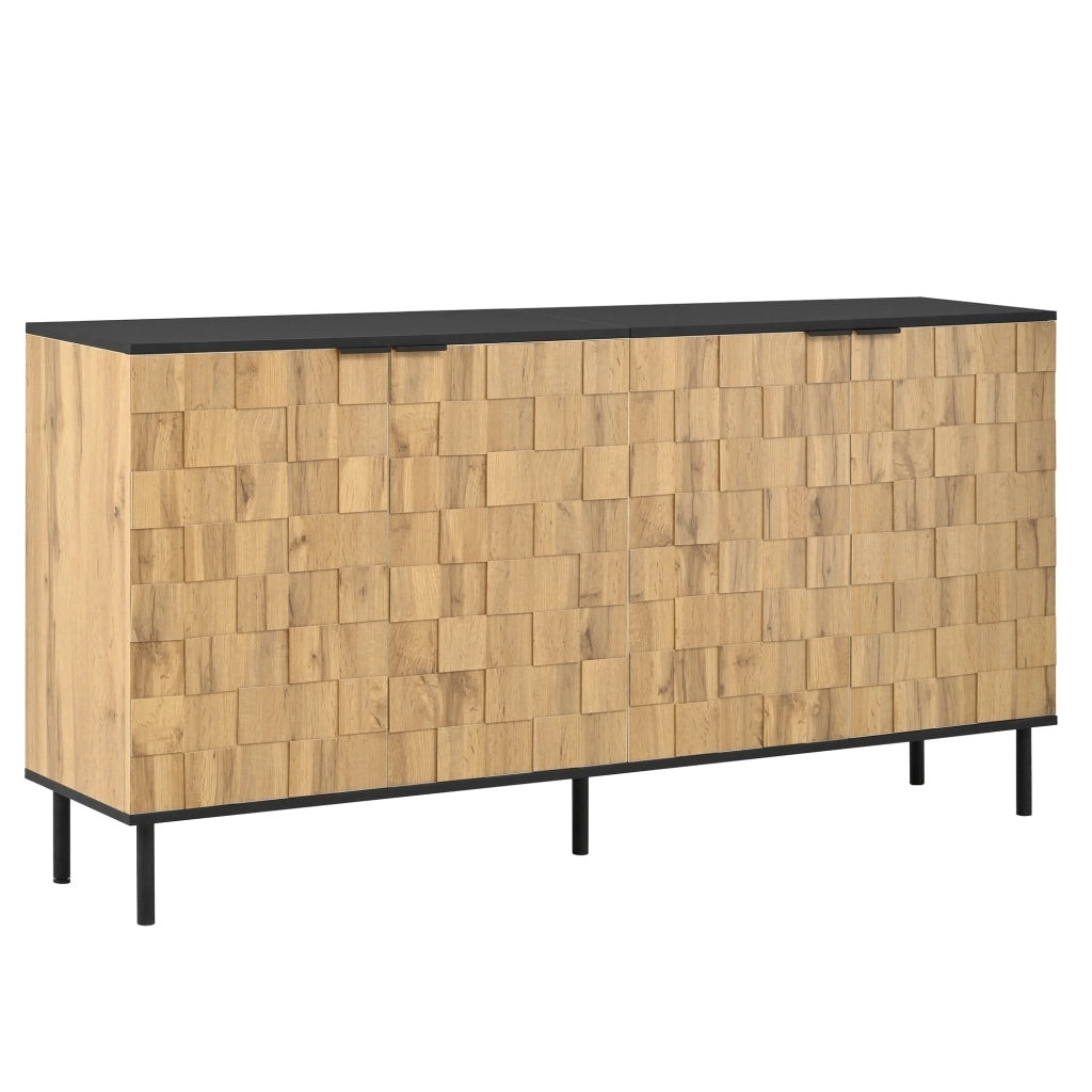 Credenza a 2 ante con ripiano fisso, effetto mosaico, per soggiorno, in truciolato, naturale e nero, 160 × 35 × 80,5 cm