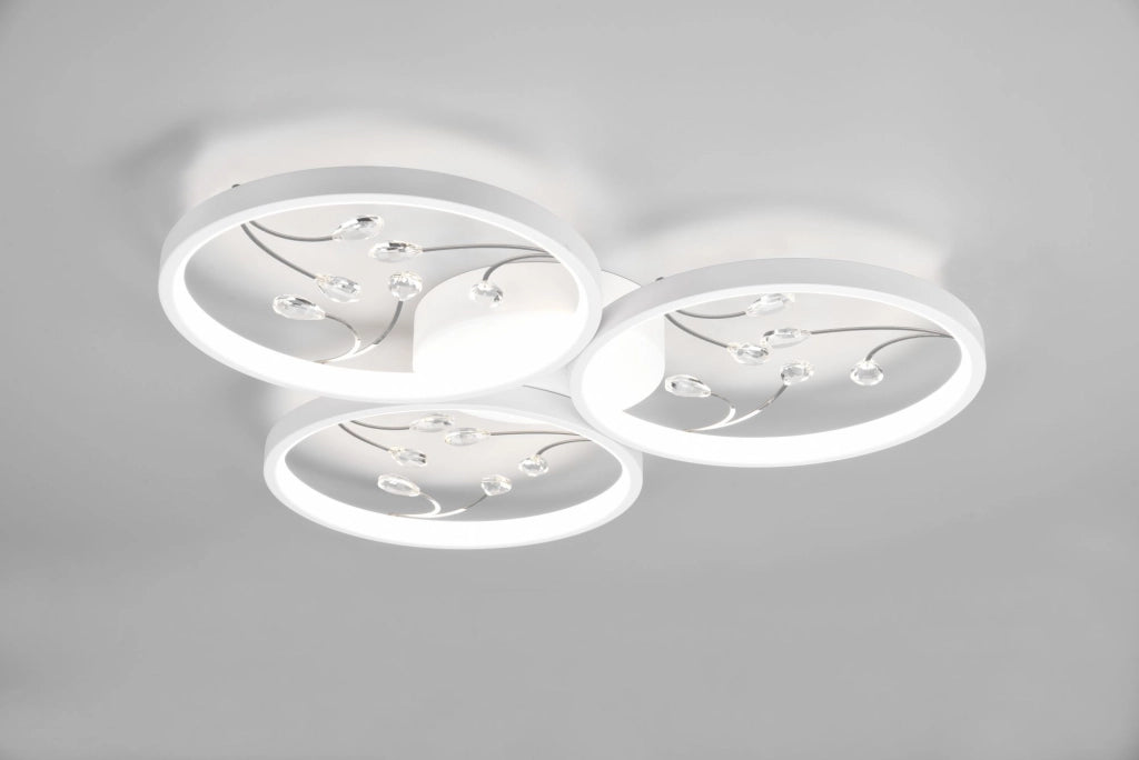 GROOVY PLAFONIERA LED 30W 3800lm, 4000K 3 CERCHI CON DECORI GEMME TRASPARENTI BIANCA CON FUNZIONE DI REGOLAZIONE INTENSITA' CON NORMALE INTERRUTTORE A PARETE D. 62CM