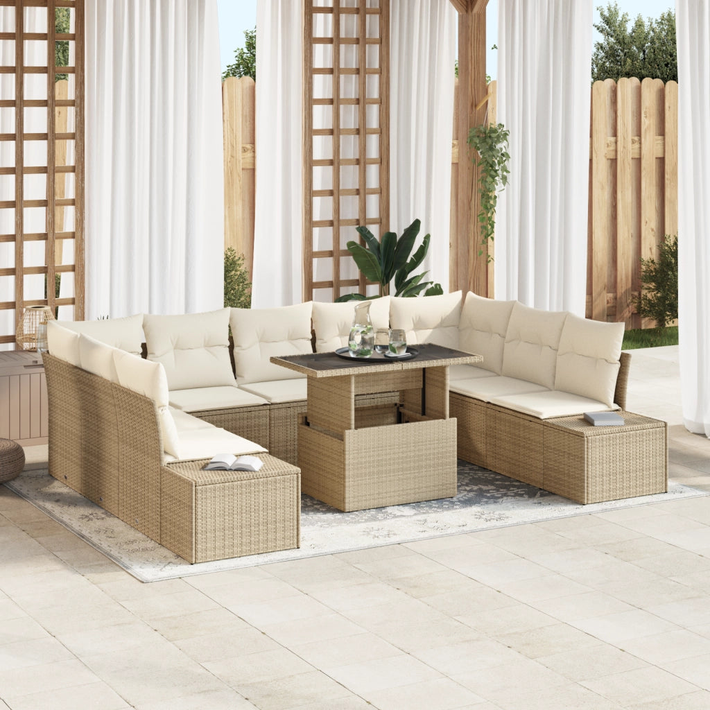 Set di divano da giardino in 10 pezzi con cuscini beige in polirattan