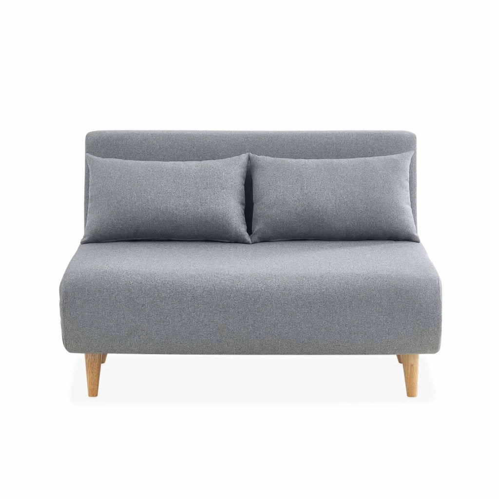 Divano letto in tessuto con gambe in legno, 2 posti, grigio chiaro