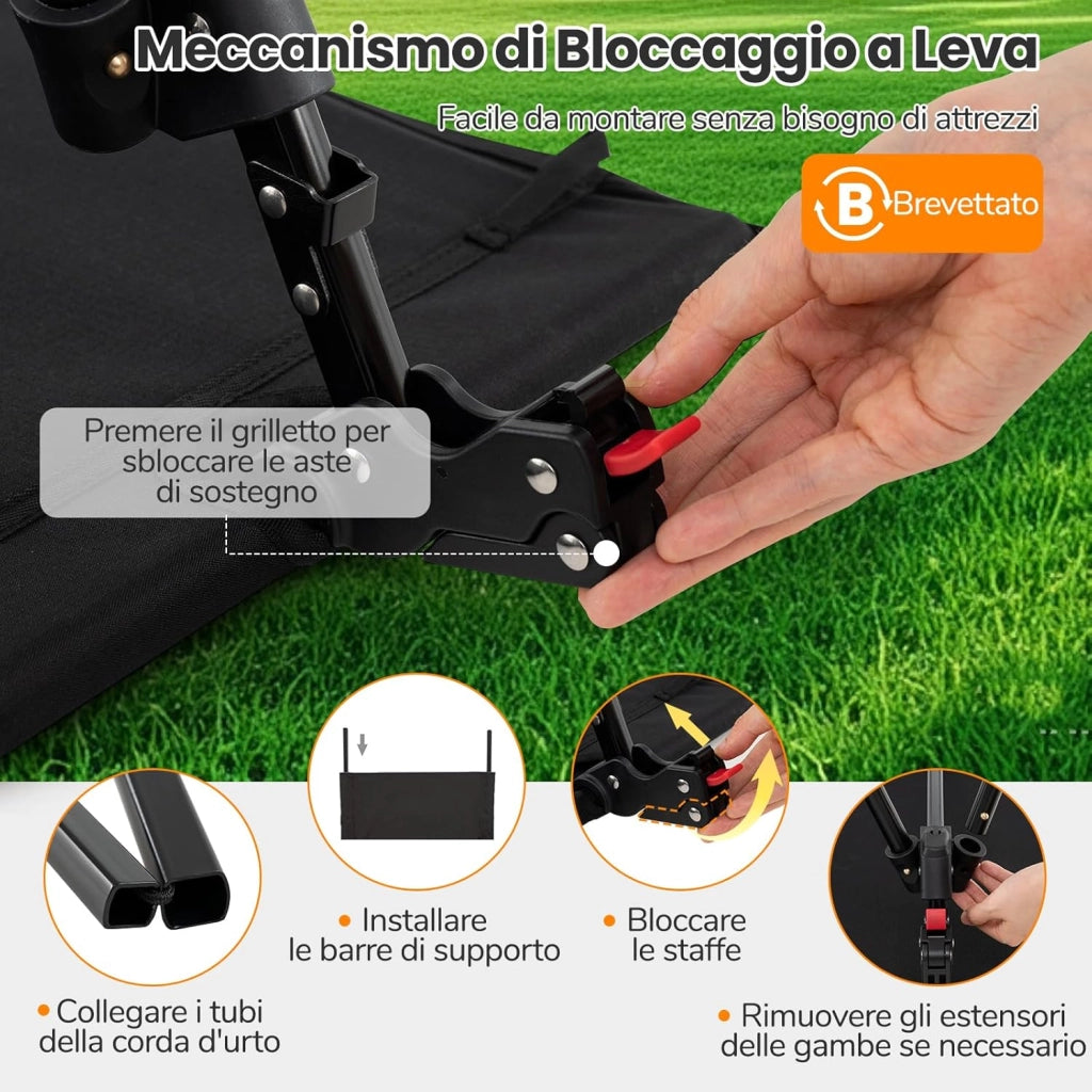 2-in-1 Brandina da Campeggio, Letto Pieghevole e Portatile con Estensori per Gambe, Tasca Laterale e Borsa da Trasporto, Lettino Regolabile in Altezza per Viaggio e Spiaggia, Portata 15 kg