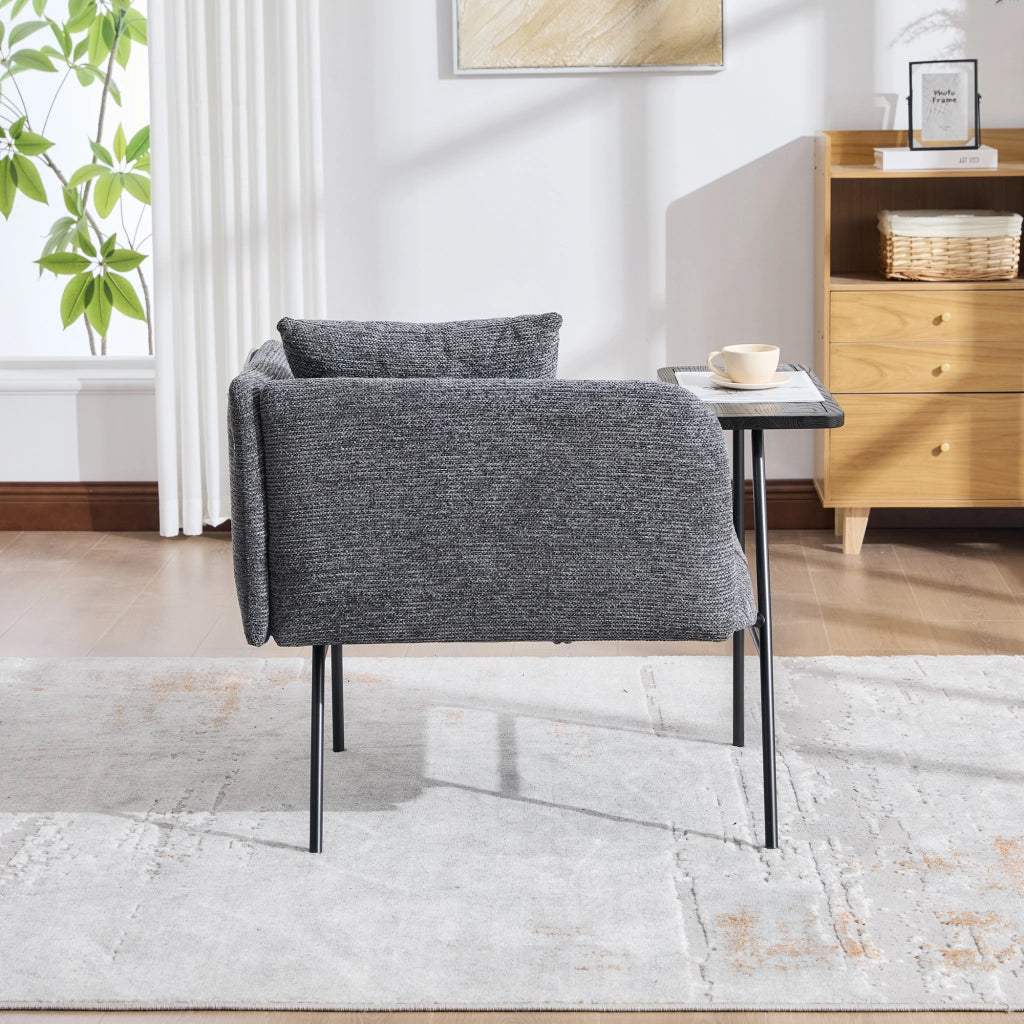 Poltrona moderna in chenille grigio scuro con tavolino laterale e 2 tasche portaoggetti