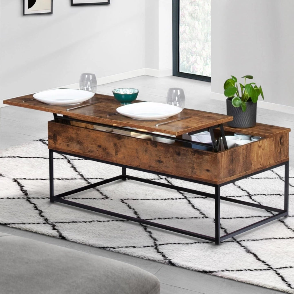 Tavolino DAYTON con piano sollevabile, effetto invecchiato, design industriale