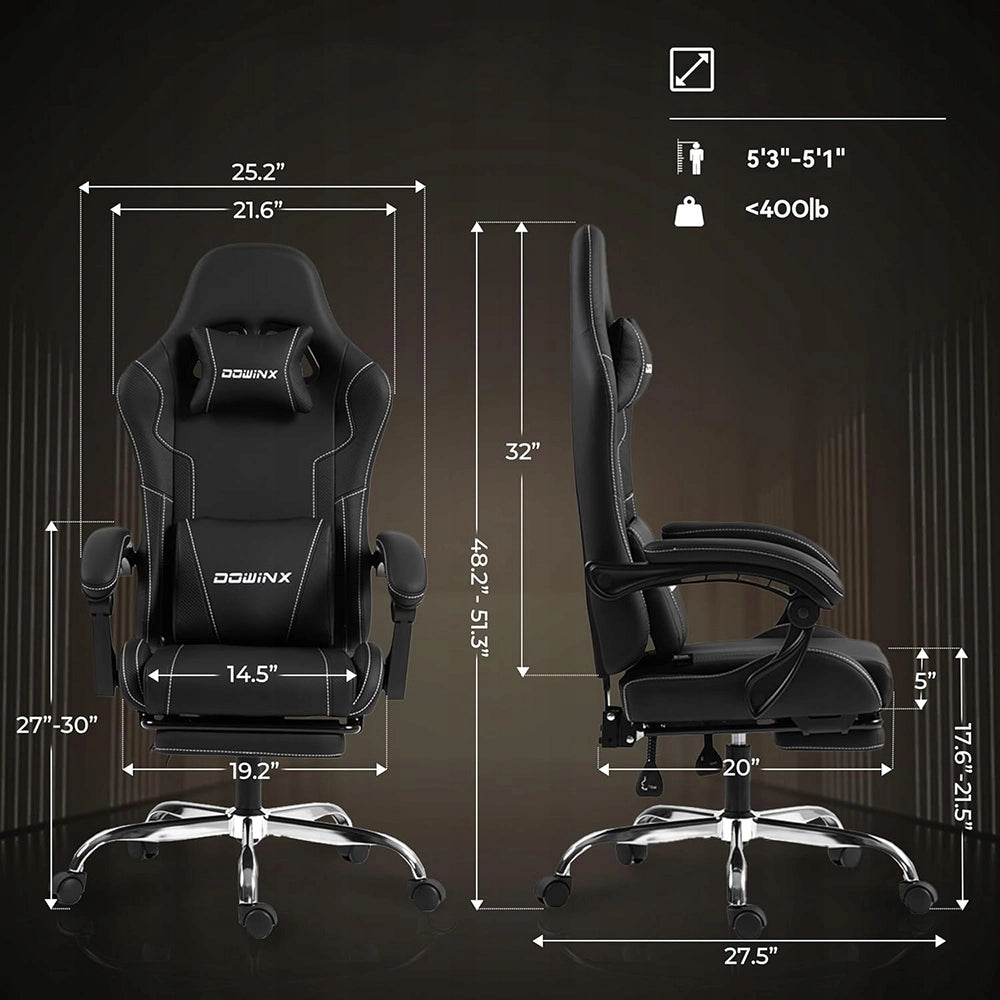 Sedia Gaming DOWINX Nera con Poggiapiedi; Schienale 150°; Supporto Lombare e Portata 150 kg
