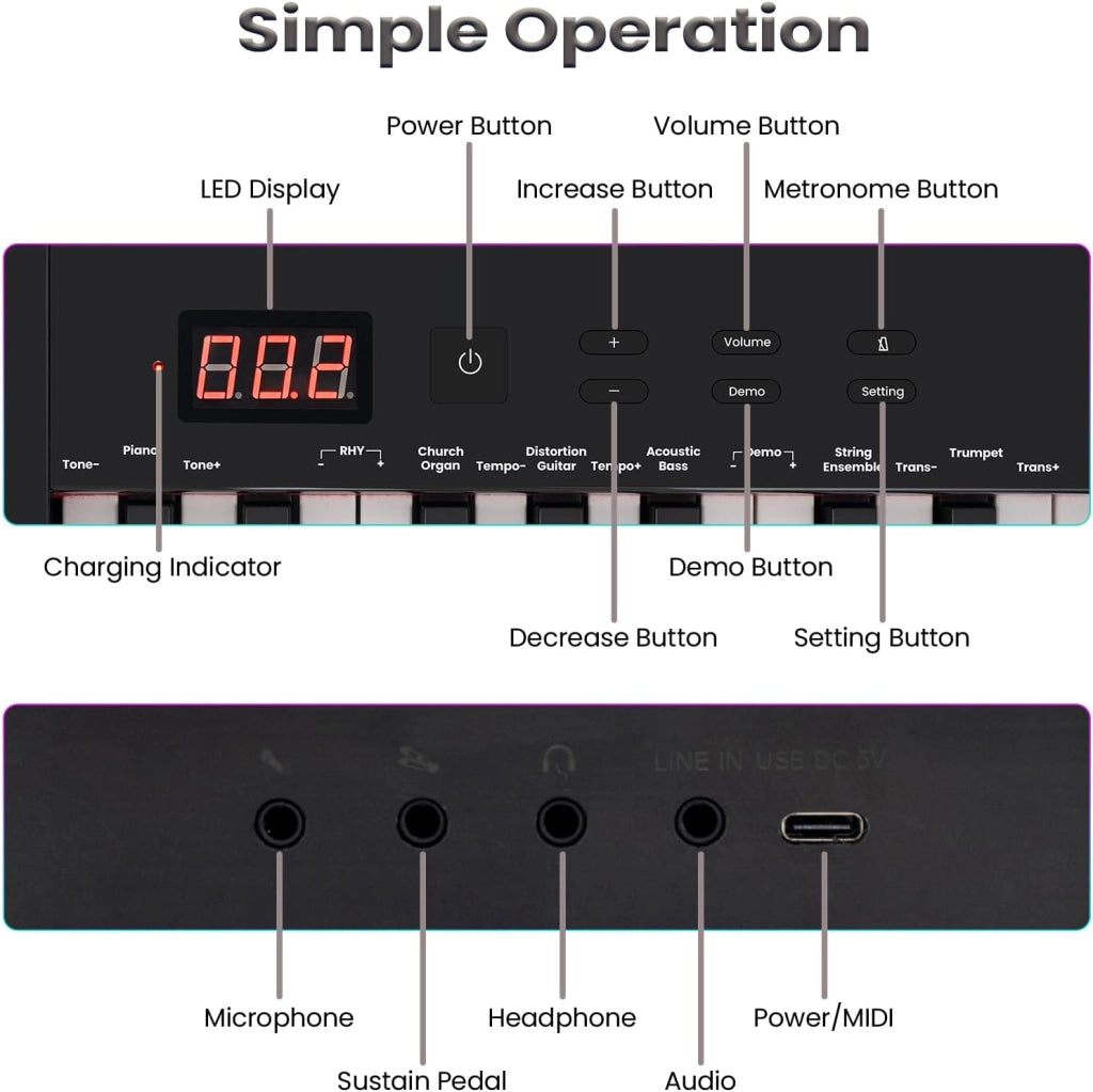 Pianoforte Digitale 61 Tasti Semi-Ponderati, Tastiera Musicale con Supporto e Sgabello, Digial Piano con Tasti Semi-Pesati, Funzione Audio MIDI Wireless, Leggio, Pedale di Sustain e Borsa