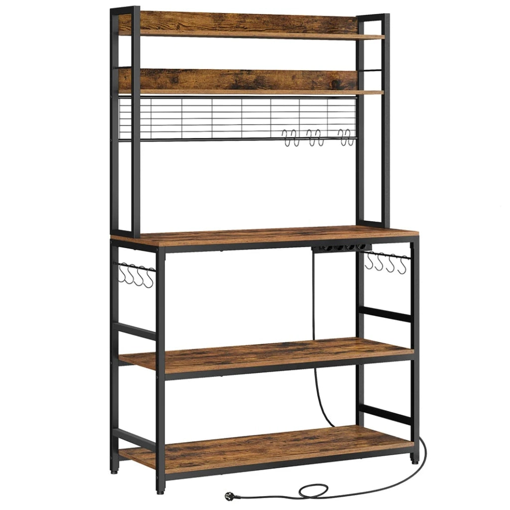 Mensola da cucina con multipresa supporto per microonde ripiano portaoggetti con pannello in rete metallica 14 ganci 40 x 100 x 170 cm marrone 12_0005665