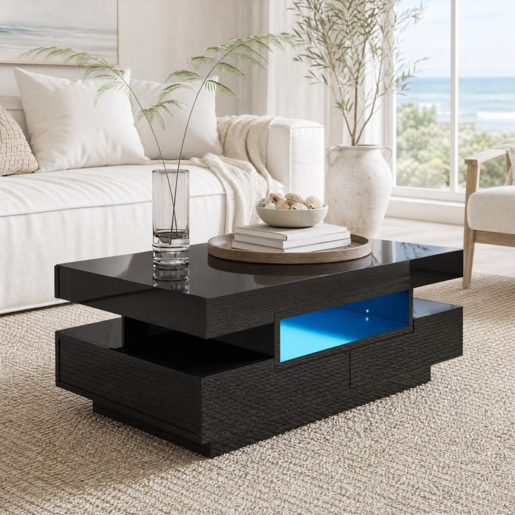 Tavolino da caff猫 con LED e 4 cassetti; 80x50x36 cm; nero lucido