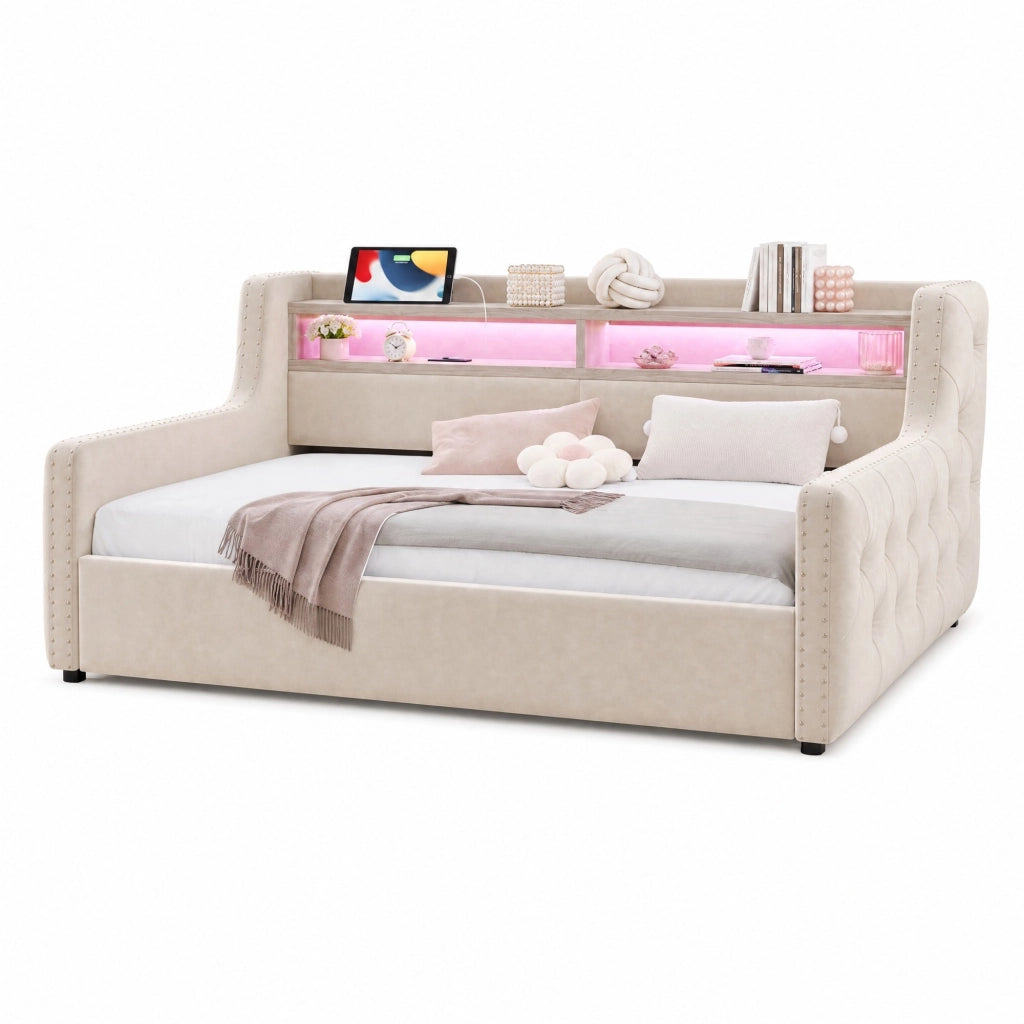 Divano letto imbottito 90 x 200 cm con contenitore idraulico, rete a doghe e LED, beige