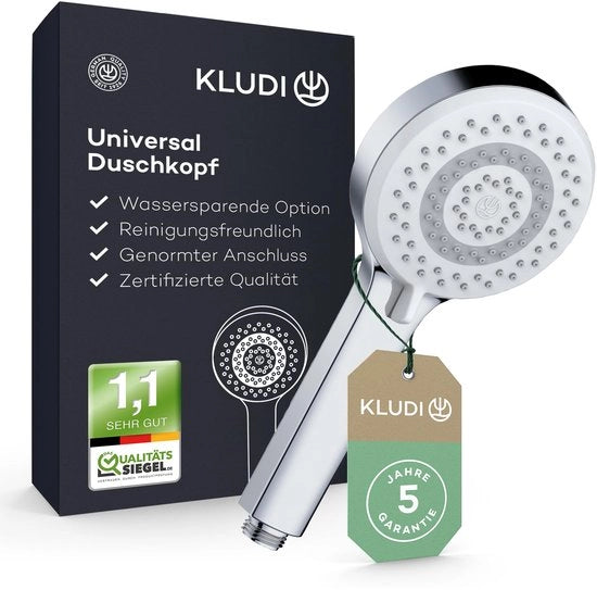 Douchekop universale KLUDI X1, opzione di risparmio d'acqua disponibile, douchekop con 3 tipi di getto (corpo, capelli, pelle), facile da pulire, diametro 10,7 cm, douchekop con funzione anticorrosione in acciaio inox.