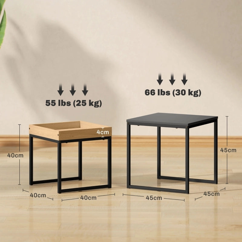 Tavolini bassi impilabili set da 2 pezzi in MDF e acciaio con vassoio rimovibile, design moderno, per soggiorno, nero