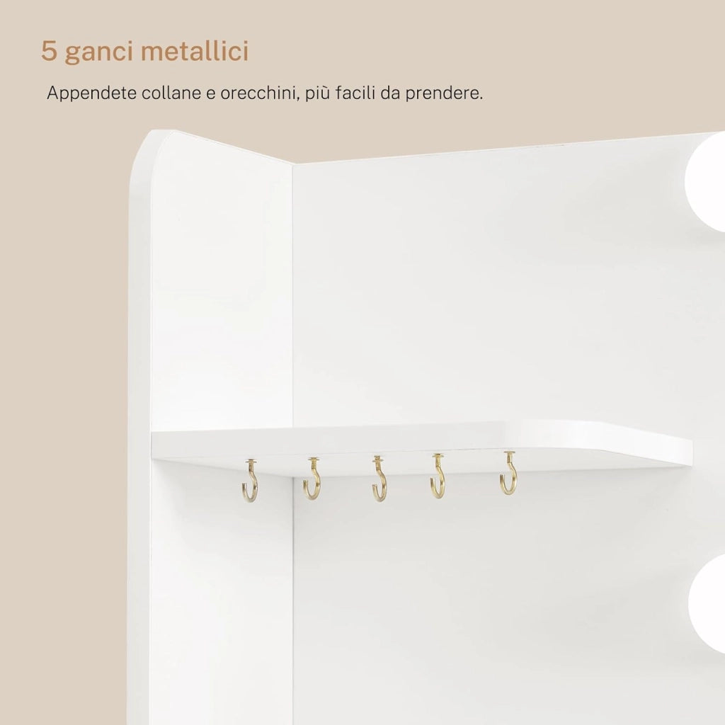 Toeletta da Trucco,Toeletta con Specchio Grande, Luci LED,3 Colori, Luminosità Regolabile,Postazione Trucco con 4 Ripiani Aperti, 5 Ganci per Gioielli,Armadietti,Moderno, Bianco